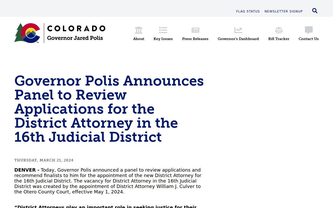 Crowley County District Court 16th Judicial District attorney vacancy release