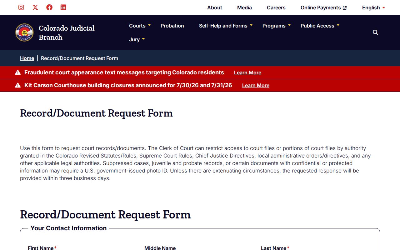 Crowley County court records request form for Colorado case documents