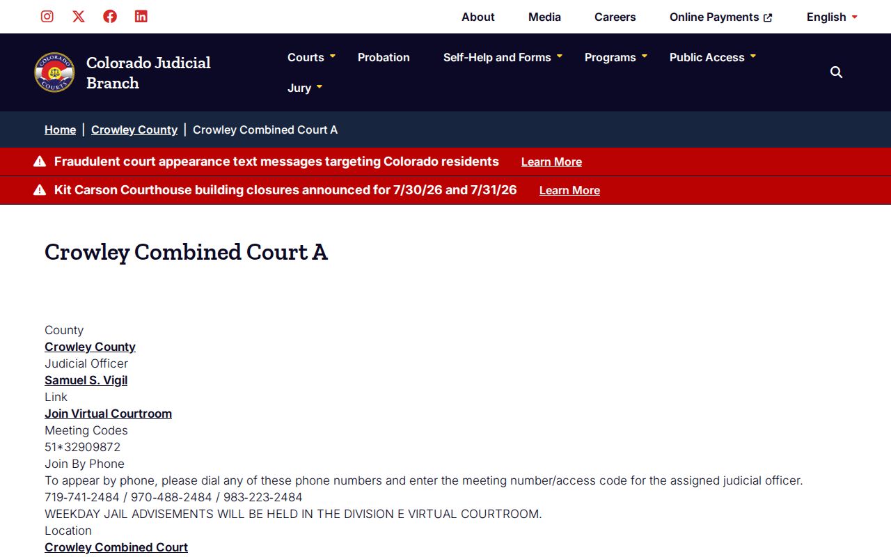 Crowley County court records virtual courtroom page for jail advisements