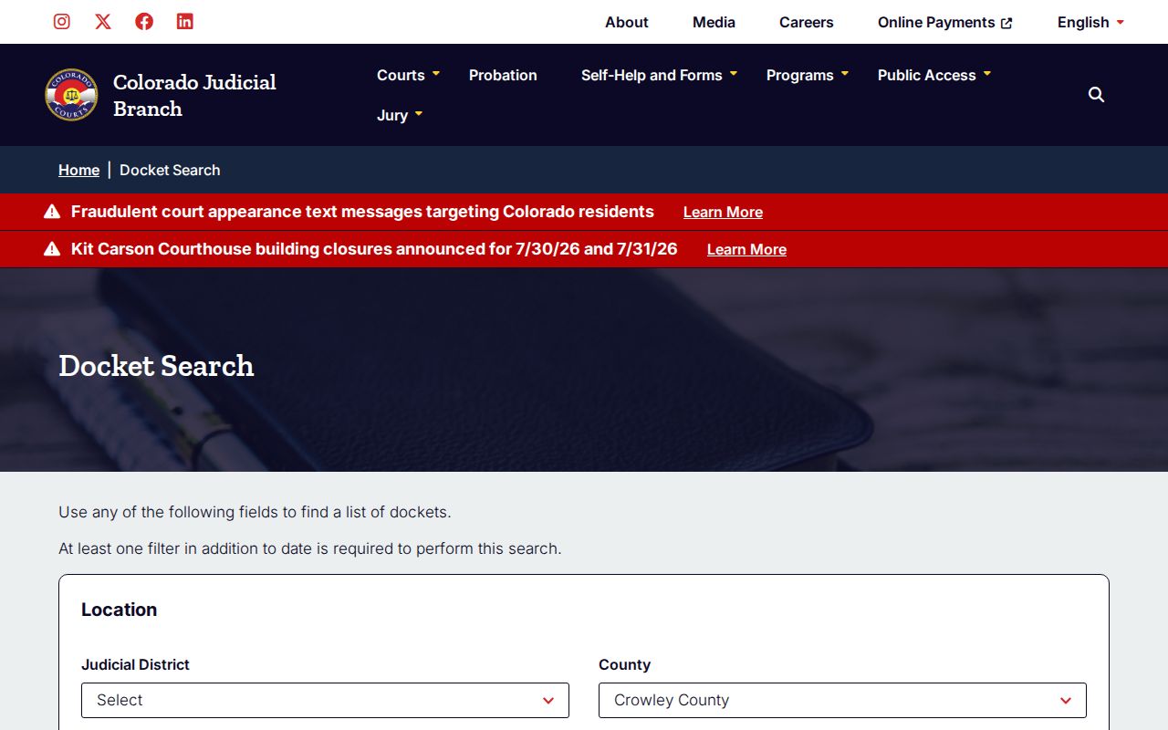 Crowley County court records docket search results in Colorado