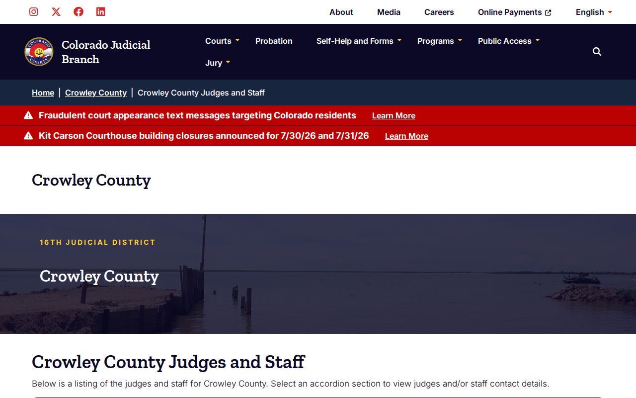Crowley County court records judges and staff page for Colorado